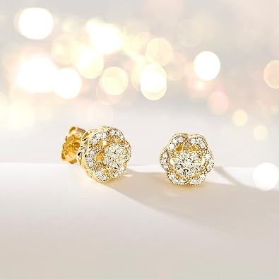 Gold Stud Earrings for women Trendy | Flower-shaped 14K Gold Earrings Studs Sparkling Zirconia 10mm