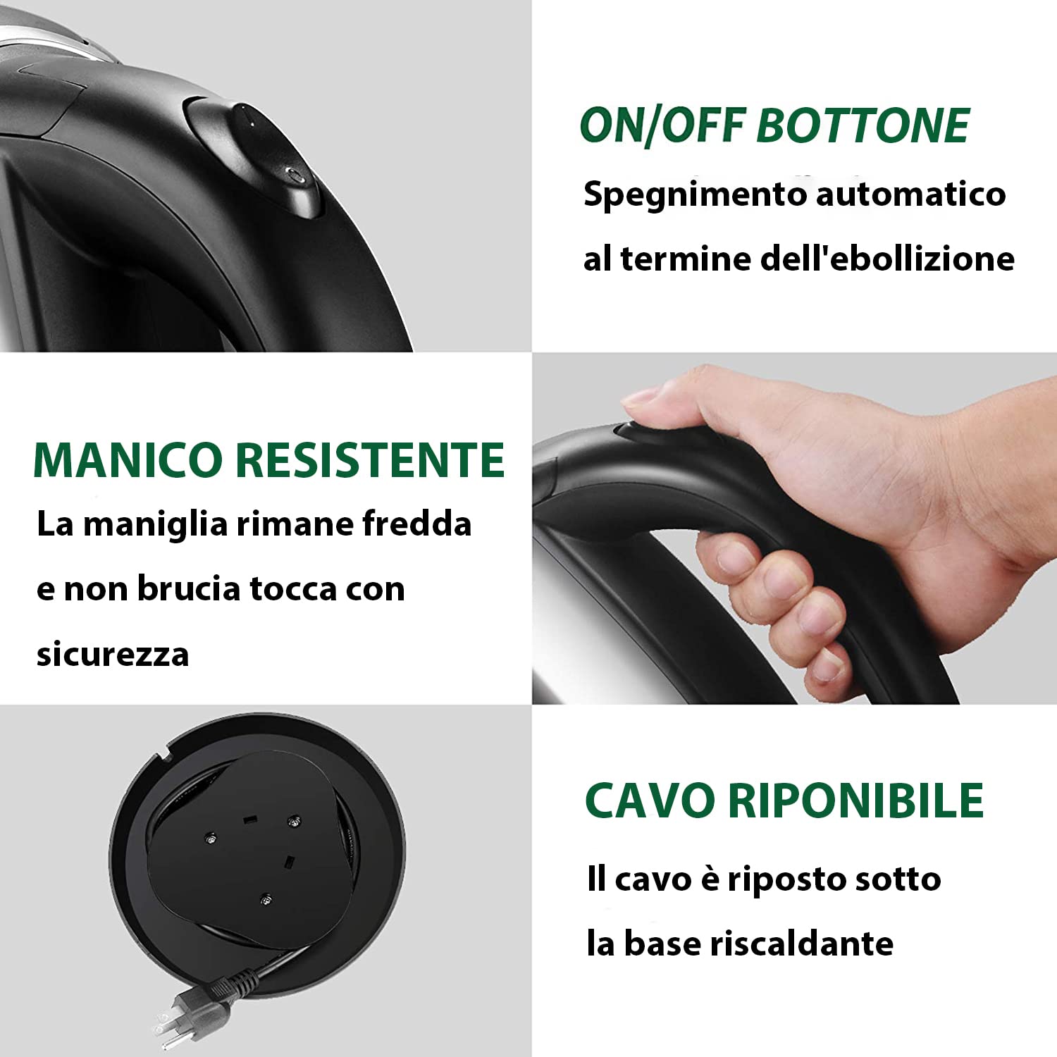 Bollitore per Acqua Calda,Bollitore Elettrico per Tè e Caffè in Acciaio Inossidabile da 2,0 Litri,Ebollizione Rapida,Spegnimento Automatico e Protezione Contro L'ebollizione