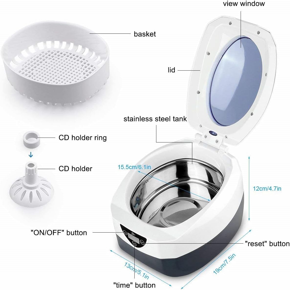 Ultrasonic Cleaner Low Noise Wash Machine for Cleaning Eyeglasses Jewelrys Watches Razors Dentures Combs Tools Instruments - 750 ml