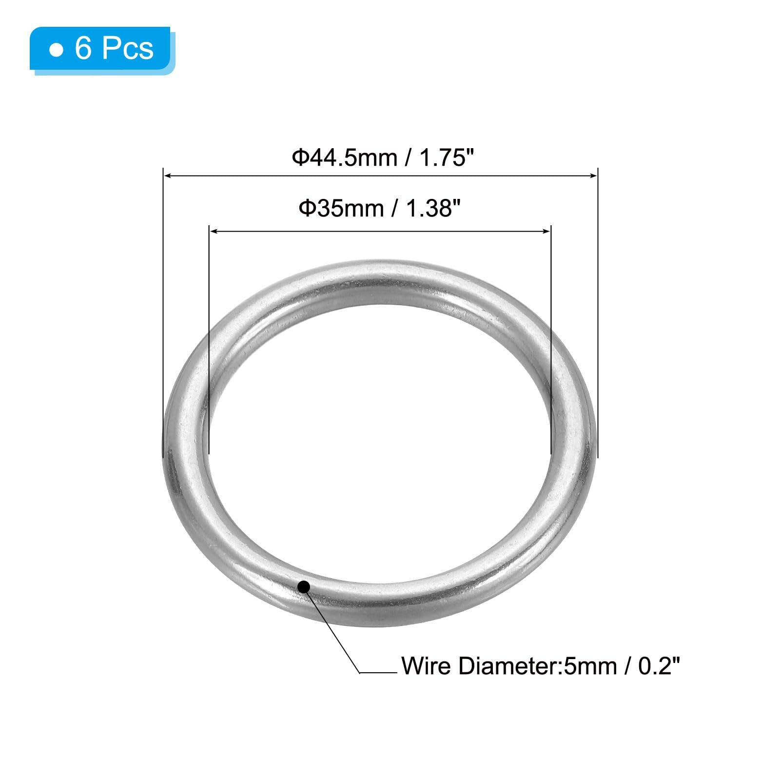 PATIKIL 6 Pcs Metal Rings 1.4 Inch 316 Stainless Steel Rings Marine Grade Multi-Purpose O Ring Welded Round Ring for Macrame DIY Crafting - Image 2