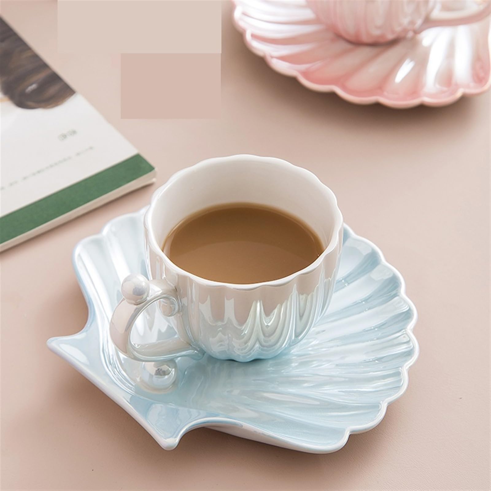 Filiżanki do herbaty 3D Ceramiczna herbata Filiżanka do kawy Pearl Shell Filiżanka na śniadanie dla dziewczyny urodziny Boże Narodzenie mleko(niebieski)