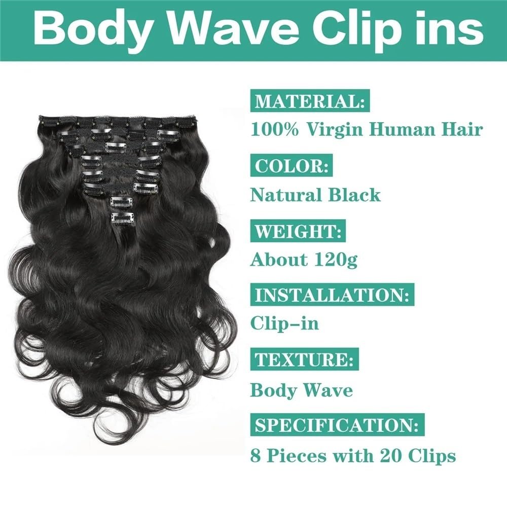 Dopinki do przedłużania włosów Body Wave Clip in, prawdziwe włosy, 120 g, 8 sztuk, z 20 klipsami, nr 1B, naturalna czerń, 40-66 cm, na całą głowę, miękkie (40-66 cm), na całą głowę, miękkie (40-66 cm)