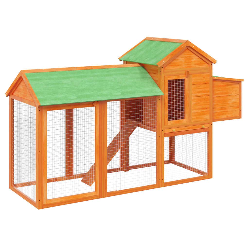 Gallinero Todo en Uno Marrón 193x65x117 cm de Madera maciza de pino con recinto, pajarera, Zona de descanso y Rampa de acceso, vallas de malla transpirables y techo resistente al agua