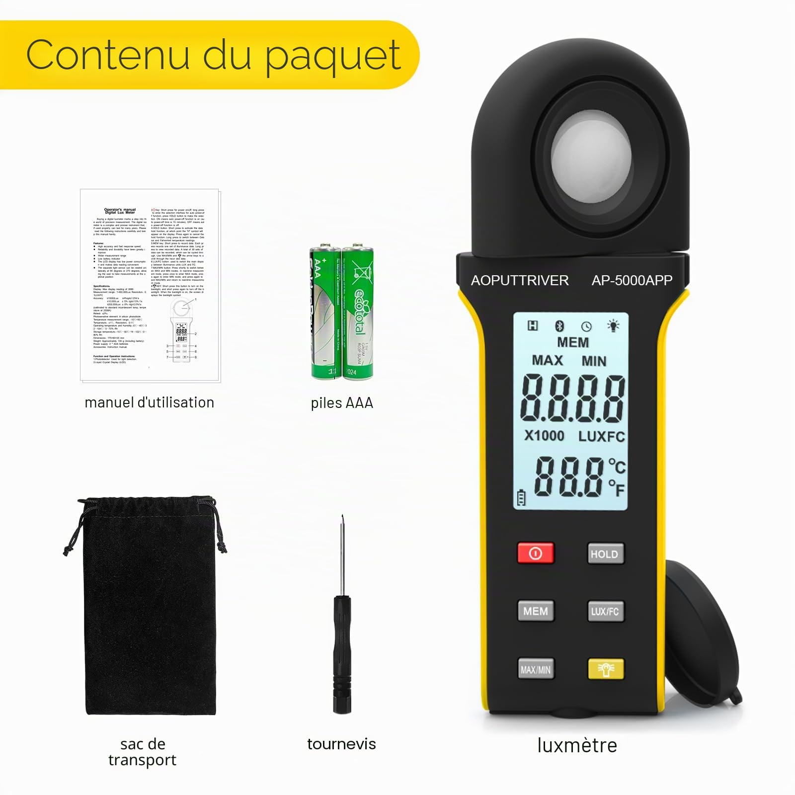 Luxmètre Numérique, Lumen Meter Mesureur de Lumière 0.1~400,000 Lux Foot Candles avec Capteur Rotatif 270º, APP Opération en Un clic, Mesureur de Lumière pour Plantes Film Photographie Lumières LED