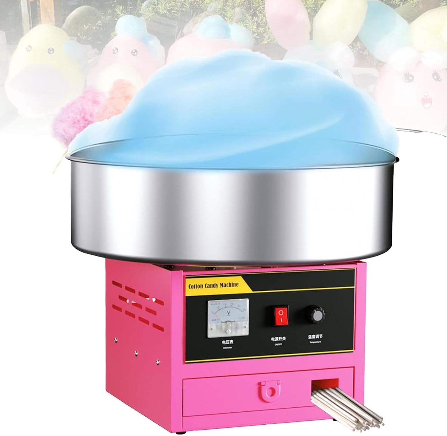 1200W Commercial Cotton Candy Machine, Professional Cotton Candy Maker, Electric Candy Floss Maker for Birthday Party, Pink Electric Cotton Candy Machine