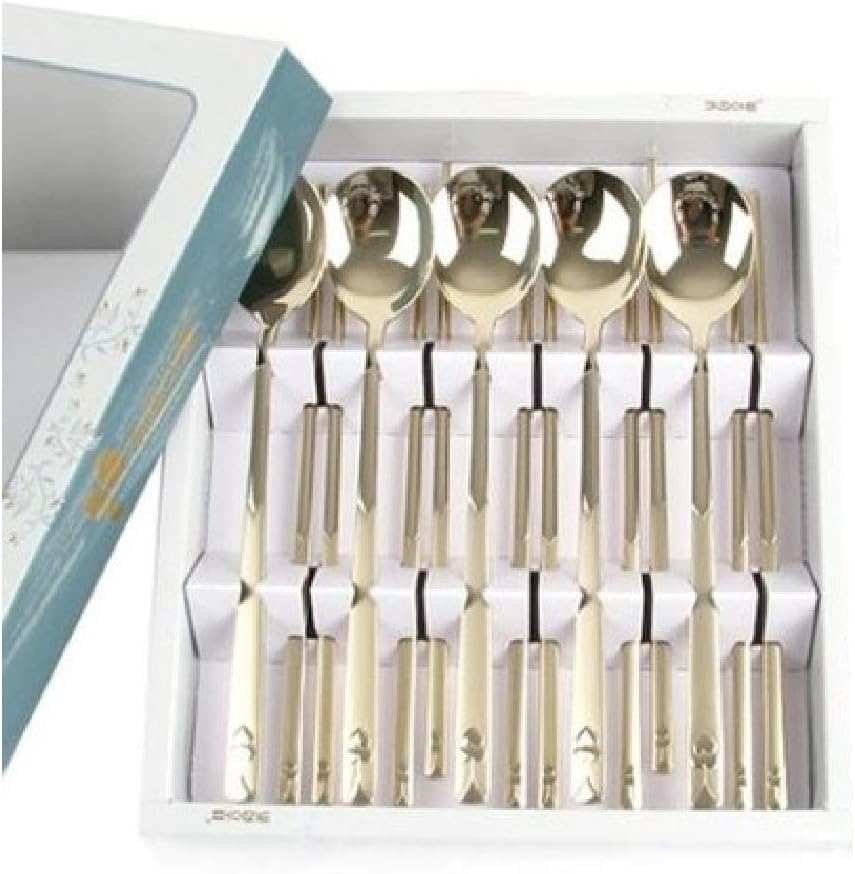 Korean Style Heart Pattern Stainless Steel Titanium Plated Spoon & Chopsticks Set of 5 Pairs Gold Color Suitable for Eating Rice Great for Gift