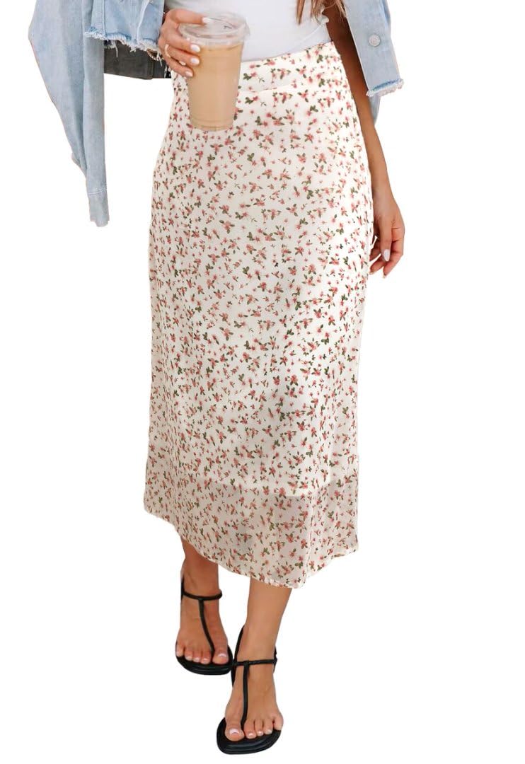 Womens Floral Print Midi Skirt Casual High Elastic Waist Zipper Vintage Long Boho Skirts for Women