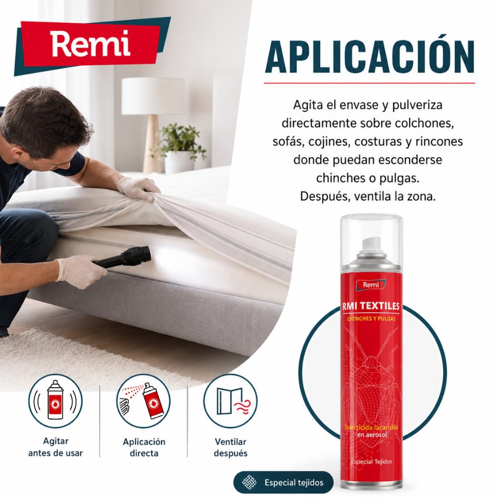 Remi Hogar Spray Anti Chinches y Pulgas Insecticida | Veneno | Aerosol Repelente Especial Tejidos | Eficaz | Aplicar en muebles