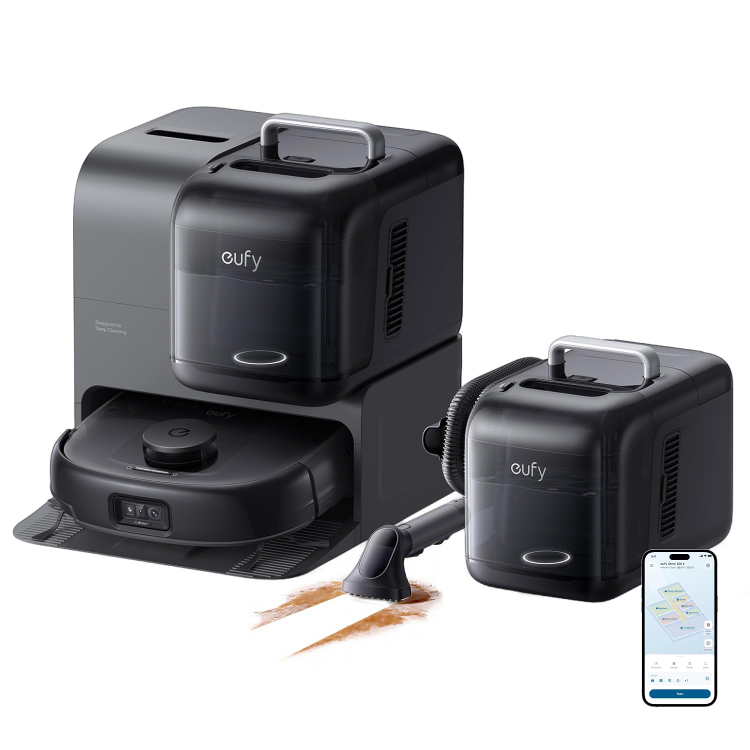 eufy Robot Vacuum E28, Portable Carpet for Deep Cleaning, HydroJet System with Roller Mop, All-in-One Robot Vacuum and Mop Combo, 20,000 Pa Suction, Zero-Tangling, Corner-to-Edge Cleaning (Upgraded)