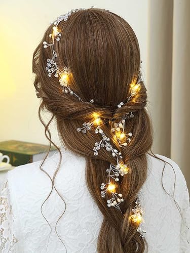 Yean Diadema larga con luces LED para el cabello de novia, de cristal plateado, accesorio para el cabello, disfraz de cristal, para mujeres y niñas