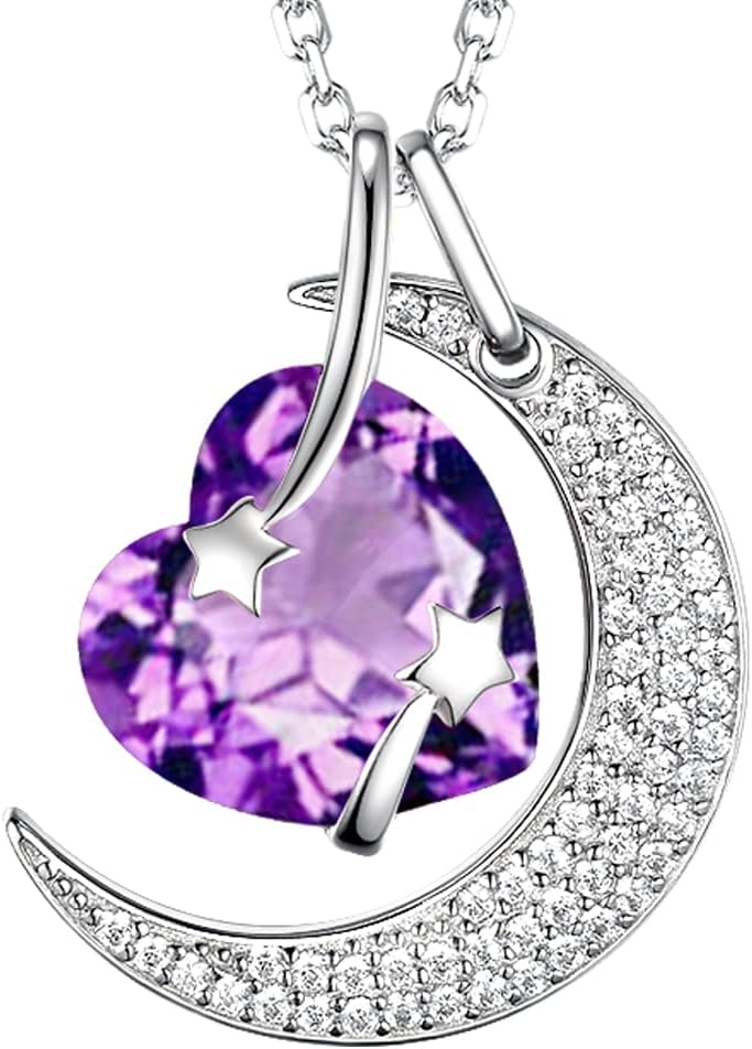 Valentines Day Birthday Gifts Mom Wife I Love You to the Moon and Back Half Moon Necklace Women February March Birthstones Amethyst Aquamarine Jewelry 925 Sterling Silver