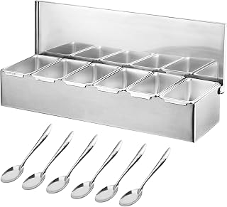 Edelstahl Zutatenbehälter mit Deckel und Löffel, Gewürzbox Beilagenbehälter, Barbehälter, Pizza Zutatenbehälter, Outdoor Küche Zubehör (6 Gitter)