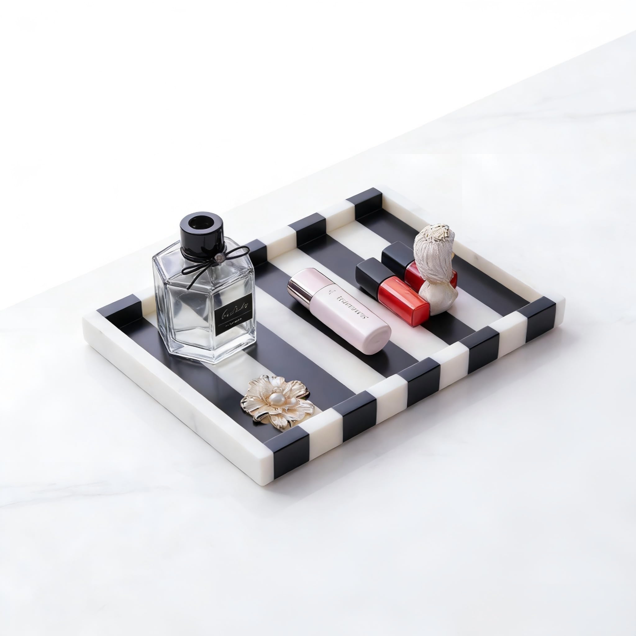 Striped Natural Marble Tray, Black White Geometric Rectangular Tray, Vanity Organizer for Jewelry, Makeup, Bath Essentials, Modern Home Decor