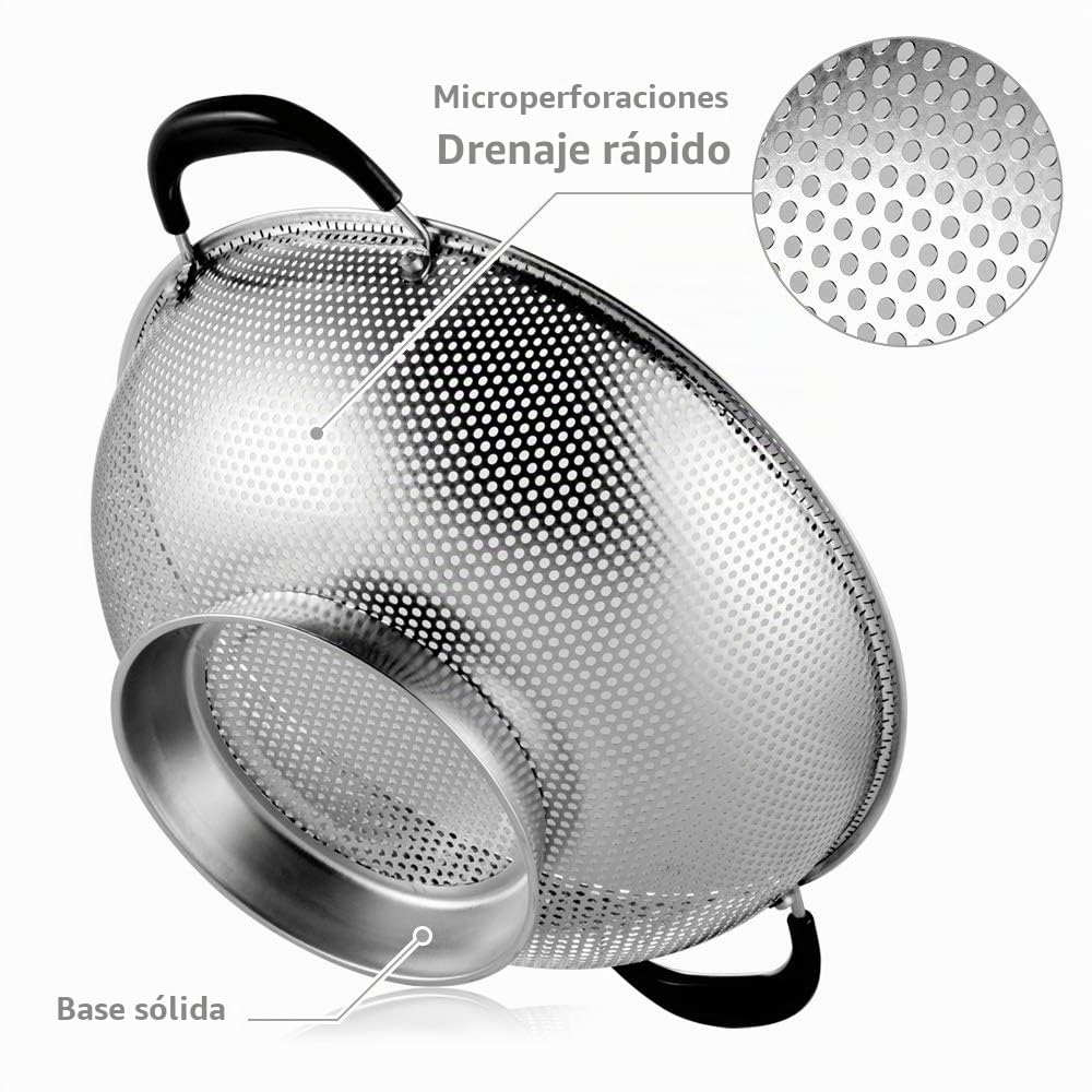 Colador de acero inoxidable 18/8, colador microperforado de fácil agarre de 5 cuartos de galón, colador con asas remachadas y resistentes al calor, sin BPA, aprobado por LFGB. Ideal para pasta, fideos