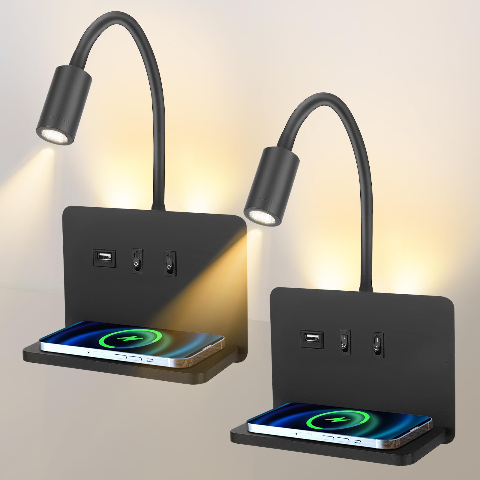 Lampada da parete per comodino con porta di ricarica USB e Caricatore Wireless, lampada da lettura 3W + 9W 3000K, Faretto Regolabile Luce Ambientale per Camera da Letto(2)