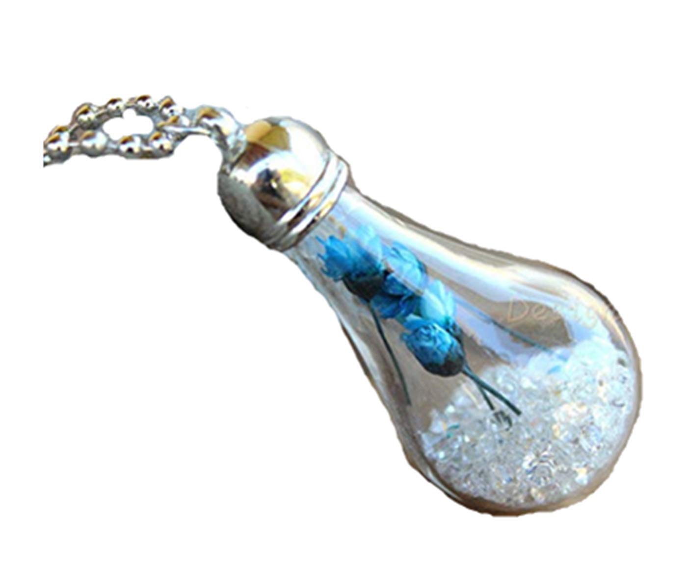 Dried Blue Flowers with Crystal Clear Rhinestones in Glass Rain Drop Bottle Sliver Necklace, Flower Chain Necklace