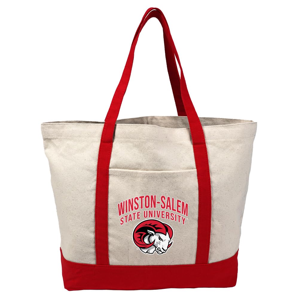 Winston-Salem State University Primary Logo Canvas Tote Bag With External Pocket, Reusable Shoulder Bag for Shopping, Beach, Red