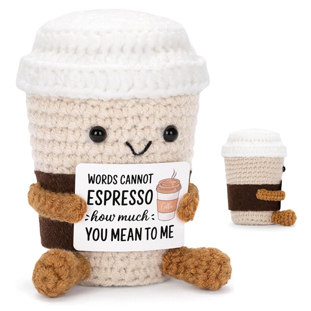 Handmade Crochet Gift Funny Positive Coffee Emotional Support Gifts Cute Stuff Desktop Ornament Crochet Doll Birthday Thanksgiving Graduation Farewell Gift for Family Friends Colleagues Him or Her