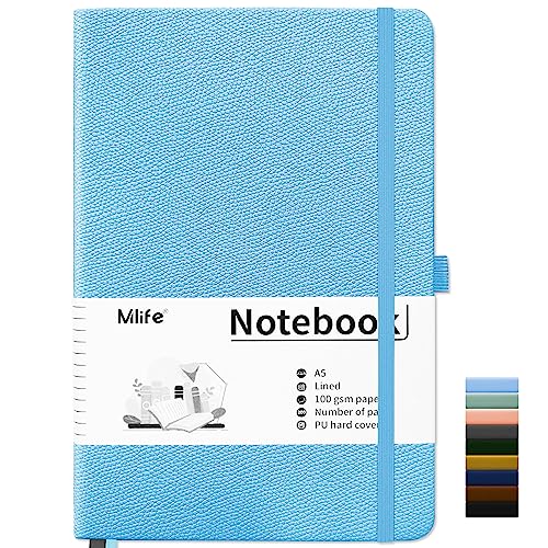 Mlife A5 Notebook-Lined Journal Notebooks with 200 Pages,100 Gsm Thick Paper,PU Hard Cover Notepad with Inside Pocket for Writing,Notepad,Journals for Women Men School Office-Light Blue