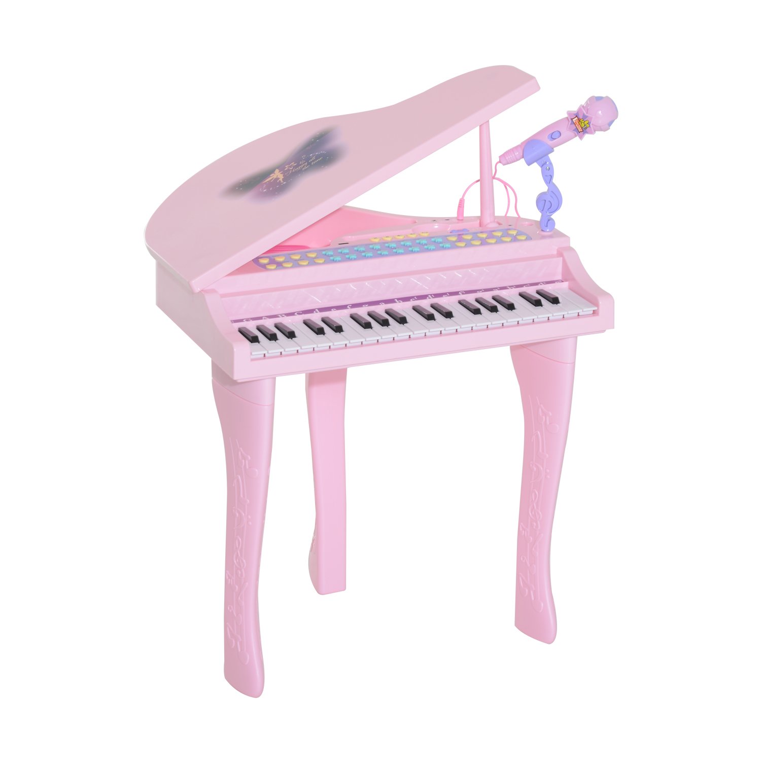 HOMCOM Piano Infantil 37 Teclas Teclado Electrónico Piano para Niños con Micrófono Taburete Luces y 22 Canciones USB/MP3 Karaoke Modo de Enseñanza Rosa