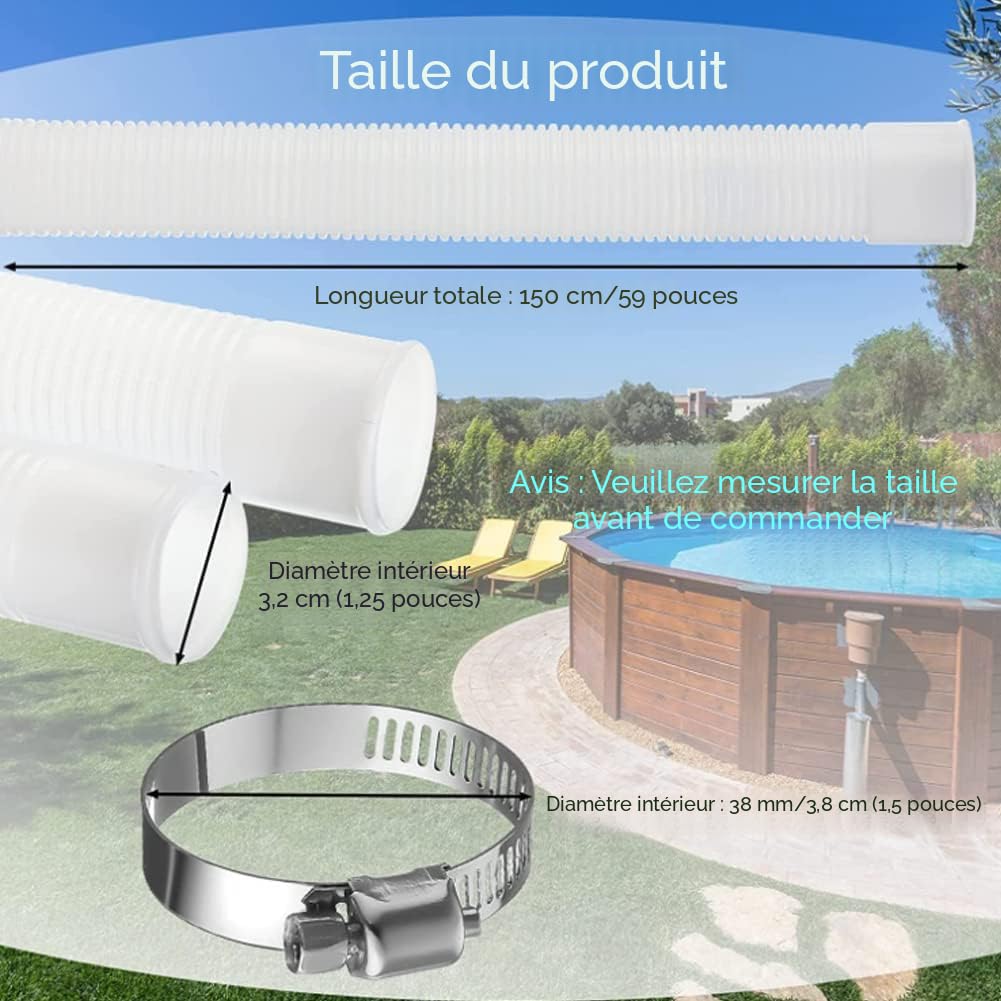 2 Tuyaux De Remplacement Pour Piscine Hors Sol + 4 Colliers Métal - Polyéthylène Translucide - Flexible Et Durable