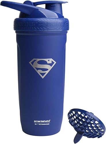 Smartshake Justice League Reforce Shaker Bottle - Botella mezcladora de proteínas de acero inoxidable de 30.4 fl oz, botella de agua agitadora de