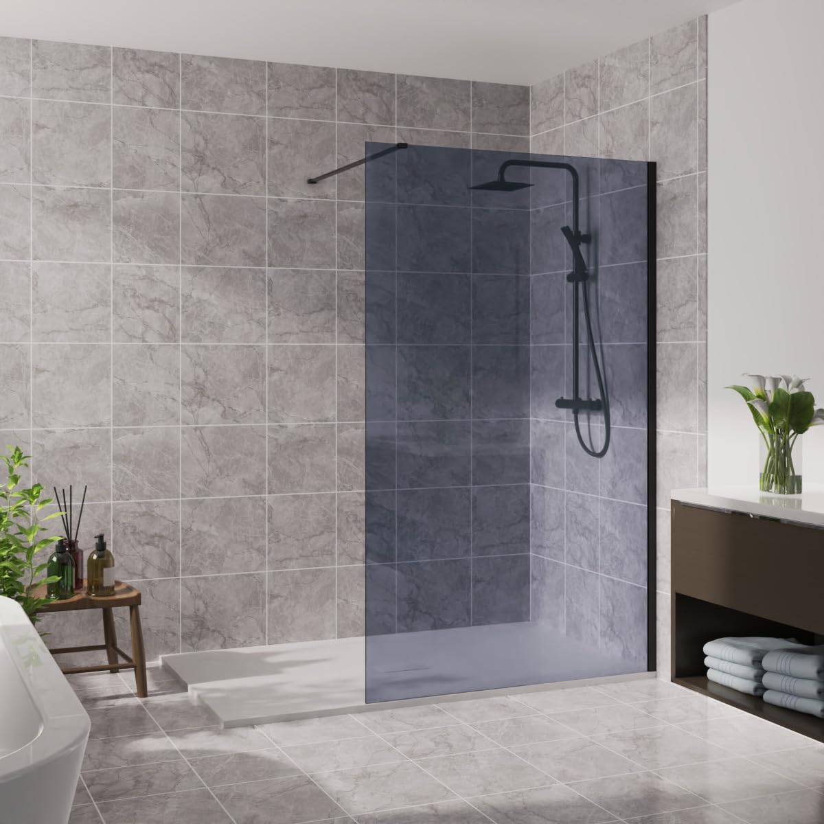 Blümme 1200mm Wetroom Screen Walk in Shower Enclosure Bathroom Screen Panel 8mm Smoked Easy Clean Glass