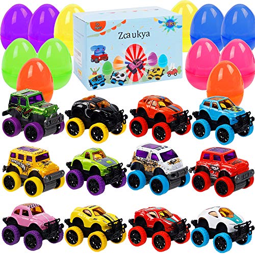 Zcaukya Easter Eggs with Pull Back Cars, 12 Alloy Cast Vehicles and 12 Colorful Easter Eggs, Easter Surprise Egg Car Toys for Easter Egg Hunt, Easter Basket Stuffers, Kids Birthday Gifts, NOT Prefill