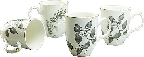 Gracie China by Coastline Imports Juego de 4 tazas de porcelana con hojas metálicas, 12 onzas, oro negro