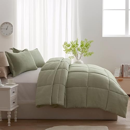 Miniatura 3 de NexHome Juego de edredón Queen de 3 piezas, 100% microfibra lavada suave, ligero, edredón de ropa de cama de teñido catiónico verde con 2 fundas de