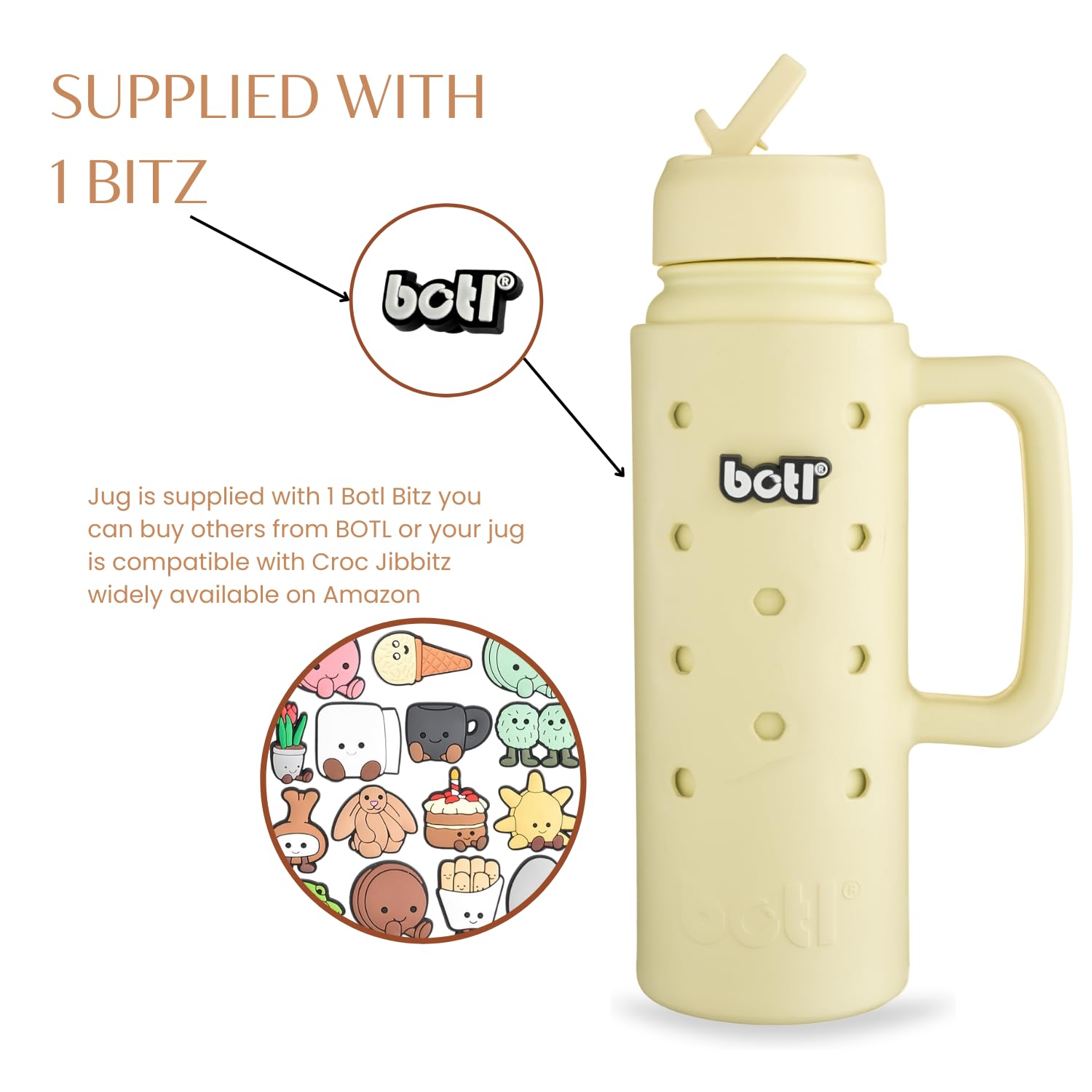 BOTL Epic Jug Edelstahlflasche, auslaufsicherer Strohhalm-Deckel, isolierte Flasche, 700 ml, Sportverschluss mit internem Strohhalm, BioEVA-Träger mit Griff und Botl-Bit, Bananengelb