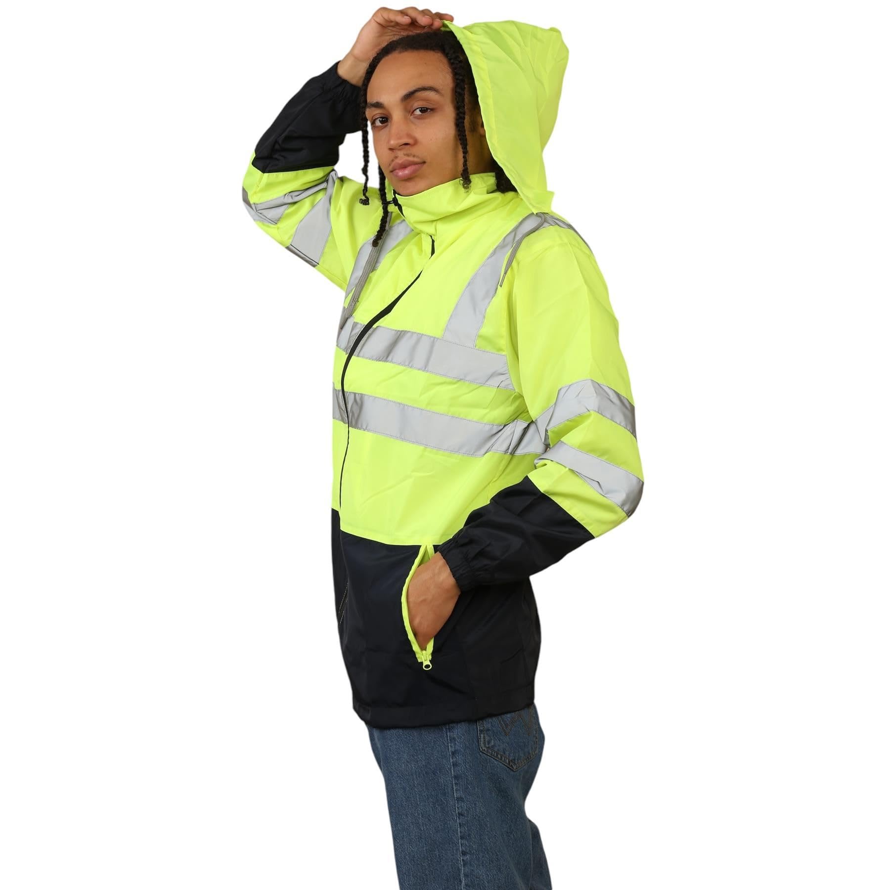 Janisramone® Chaqueta impermeable de alta visibilidad para hombre, chaqueta de trabajo con capucha reflectante y colores en contraste
