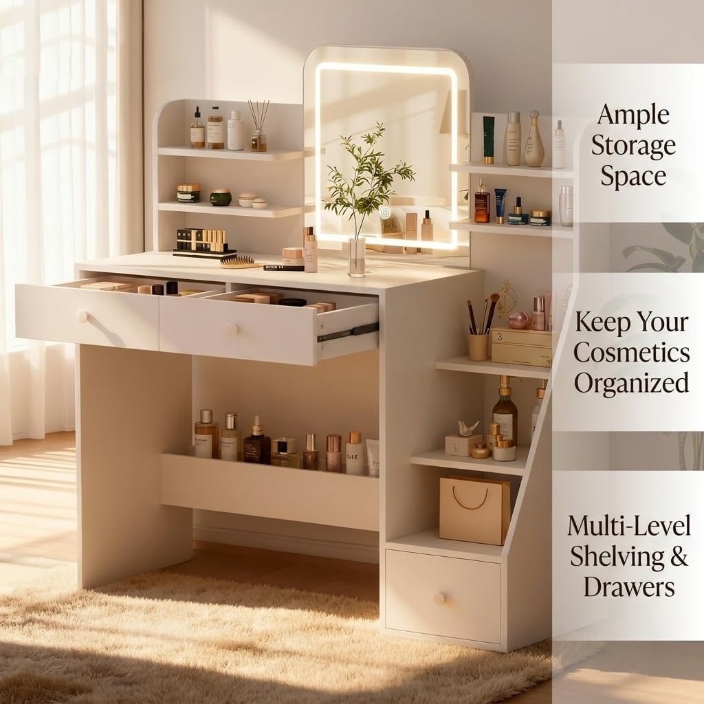 White Makeup Vanity Desk with LED Mirror & 5-Tier Sloped Shelves, 7 Open Storage Areas & 3 Drawers, Adjustable 3-Color Lighting Dressing Table
