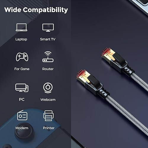 Miniatura 7 de Cable Ethernet Cat 8 de 33 pies, cables de Internet LAN Gigabit de alta velocidad de 40 Gbps 2000 MHz, cable de conexión RJ45 trenzado redondo SFTP,