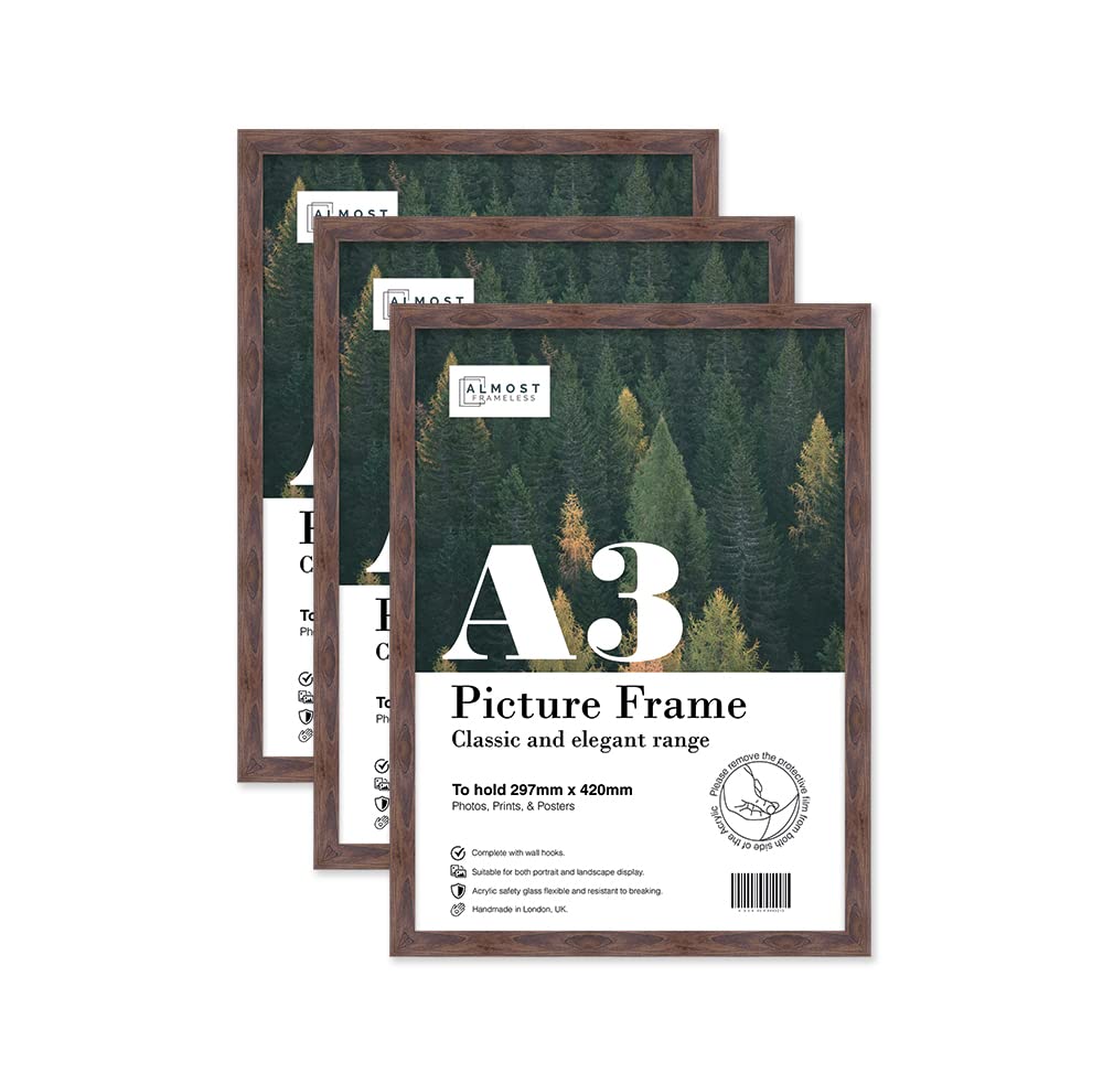 Almost Frameless A3 Walnut Picture Frame Set of 3, Display A3 Picture Gallery Wall, Poster, Photo, Artwork, or Print, Walnut