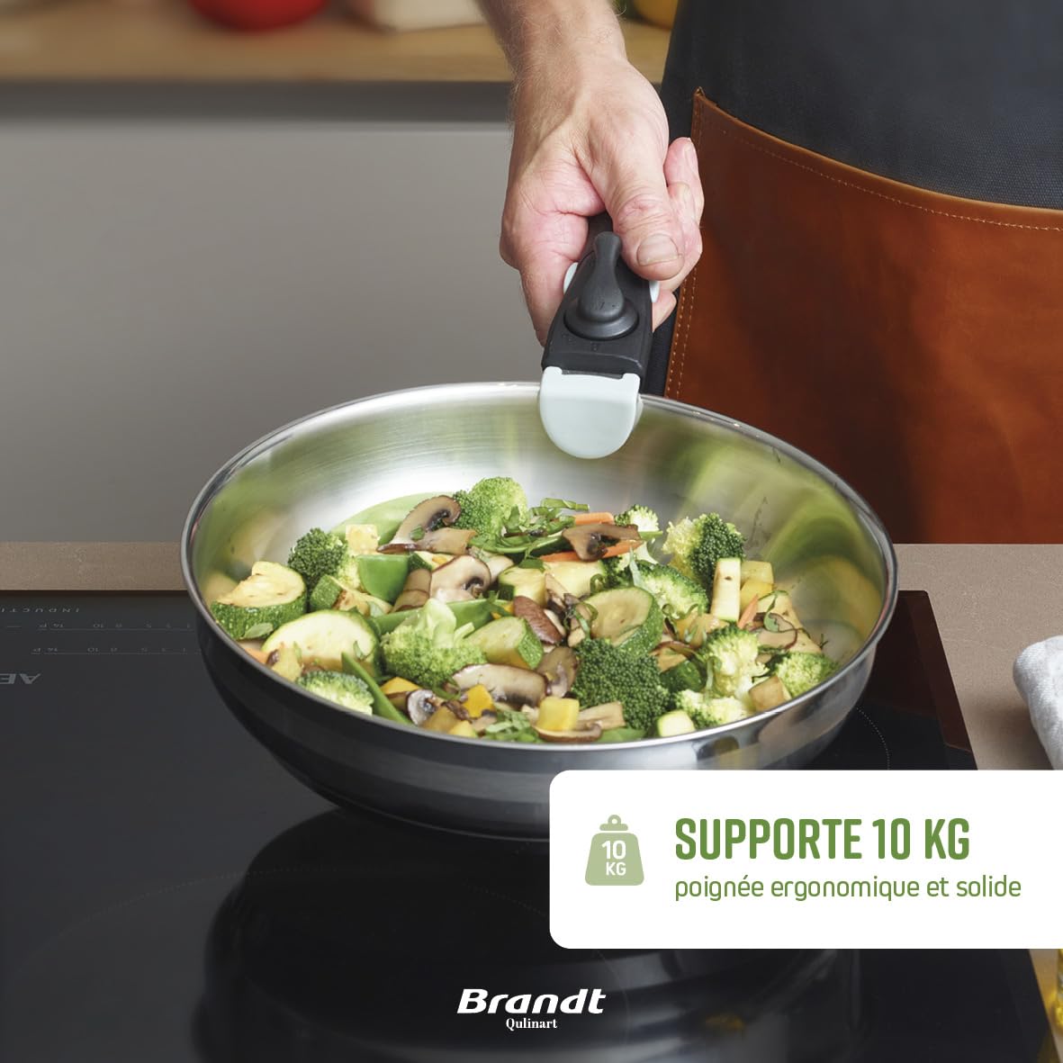 Qulinart by Brandt - Batterie de Cuisine à Induction 4 Pièces - Set de 3 Poêles en Inox 20, 24 et 26 cm avec Poignée Amovible - Acier Inoxydable - Lot pour Tout Feu - Sans PFOA - Argenté