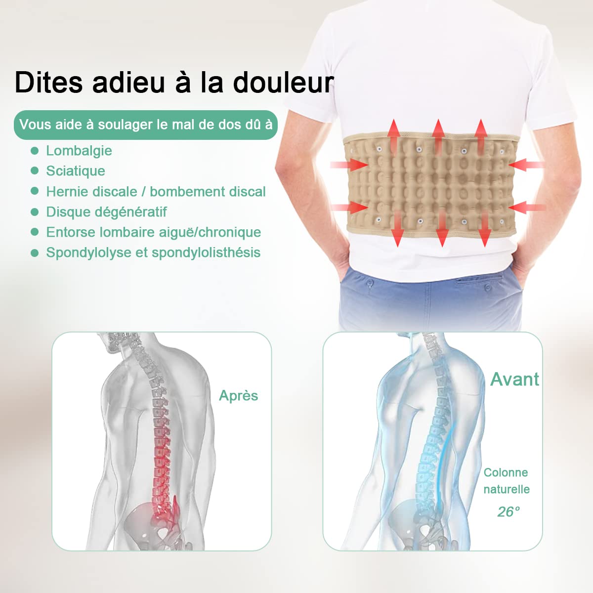HONGJING Ceinture de décompression dorsale Soutien lombaire gonflable pour soulager les douleurs dorsales - Dispositif de traction pour le bas du dos, taille unique 29-49