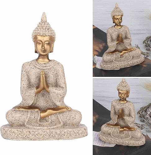 Hilitand Estatua de Buda meditando sentado decoración del hogar adorno tallado figura artesanía arenisca (A dorado)