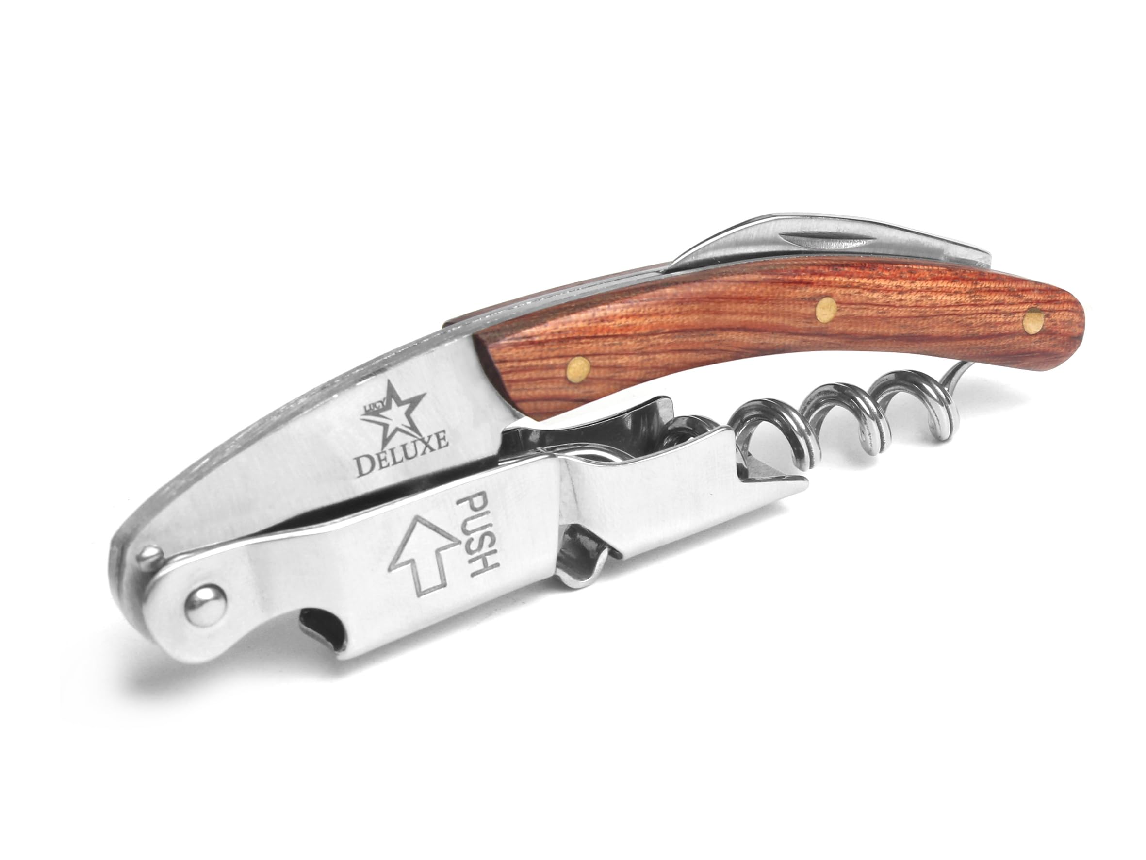 Professionelles Kellnermesser mit Korkenzieher und Flaschenöffner mit Lederetui, edles Design, Rosenholz, Edelstahl, viele Funktionen inklusive Ledertasche für den professionellen Gebrauch