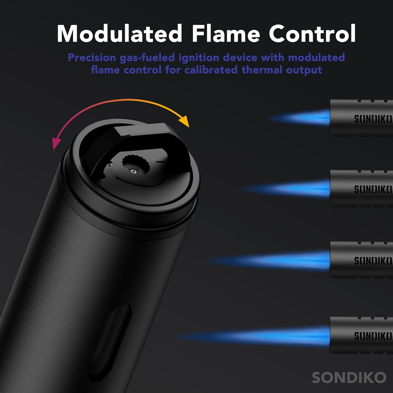 Sondiko Torch Lighters, Refillable Butane Lighter with Adjustable Jet Flame, Metal Shell, Butane Nozzle Adapter Kit for Candle, Grill, BBQ, Fireworks, 4 Pack, Black
