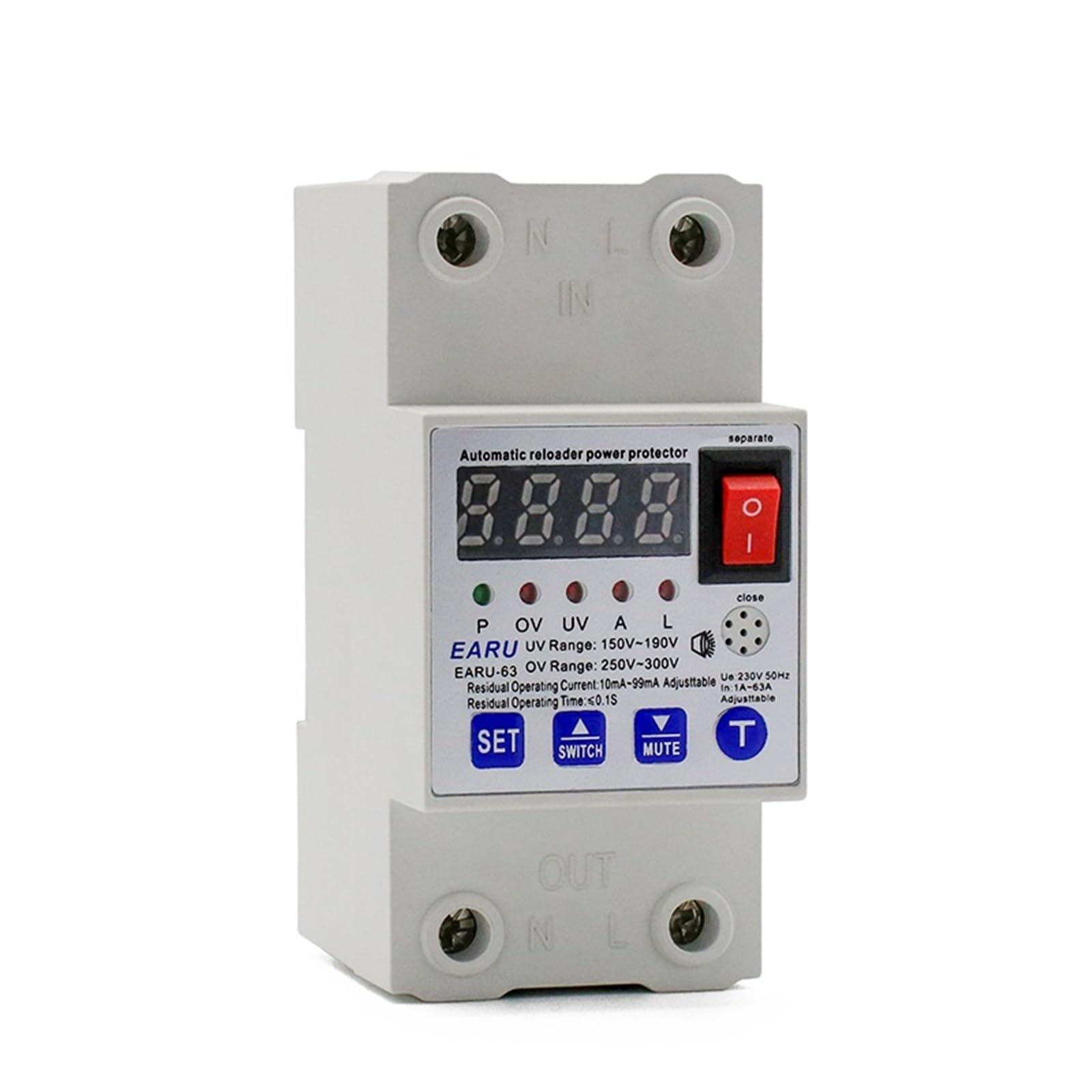 LHNBGTUIW 63A Automatic Reconnect Circuit Breaker Over and Under Voltage Current Leakage Protector Relay 1Pcs