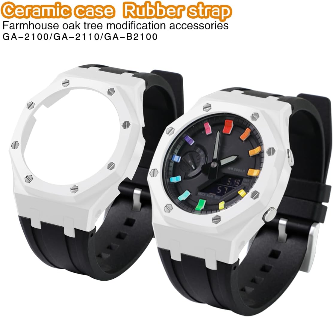 GA-2100 Mod Kit Ceramic Watch Bezel Case Fluoro Rubber Strap - Compatible with GA-2100/GA-2110/GA-B2100 Watch Part Replacement