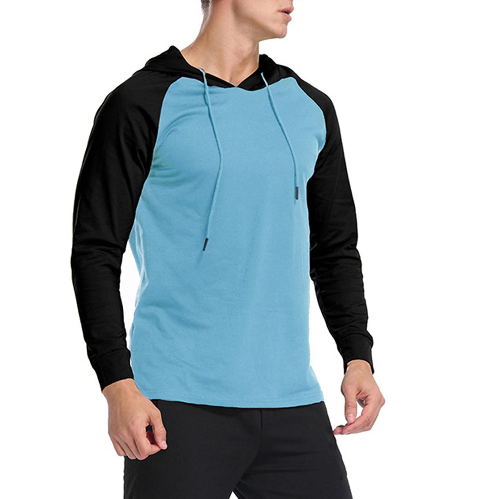 Men's Color Block Athletic Hooded Shirts Long Sleeve Workout Sport Sweatshirt Casual Running T Shirt Pullover Top (Medium,Blue)