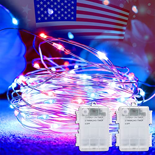 Yayfazy 4th of July Decorations Outdoor/Indoor Timer Fairy String Lights,2PACK Each 100Led Copper Red/White/Blue IP67 Waterproof Battery Operated Patriotic Lights for Memorial Day,Independence Day