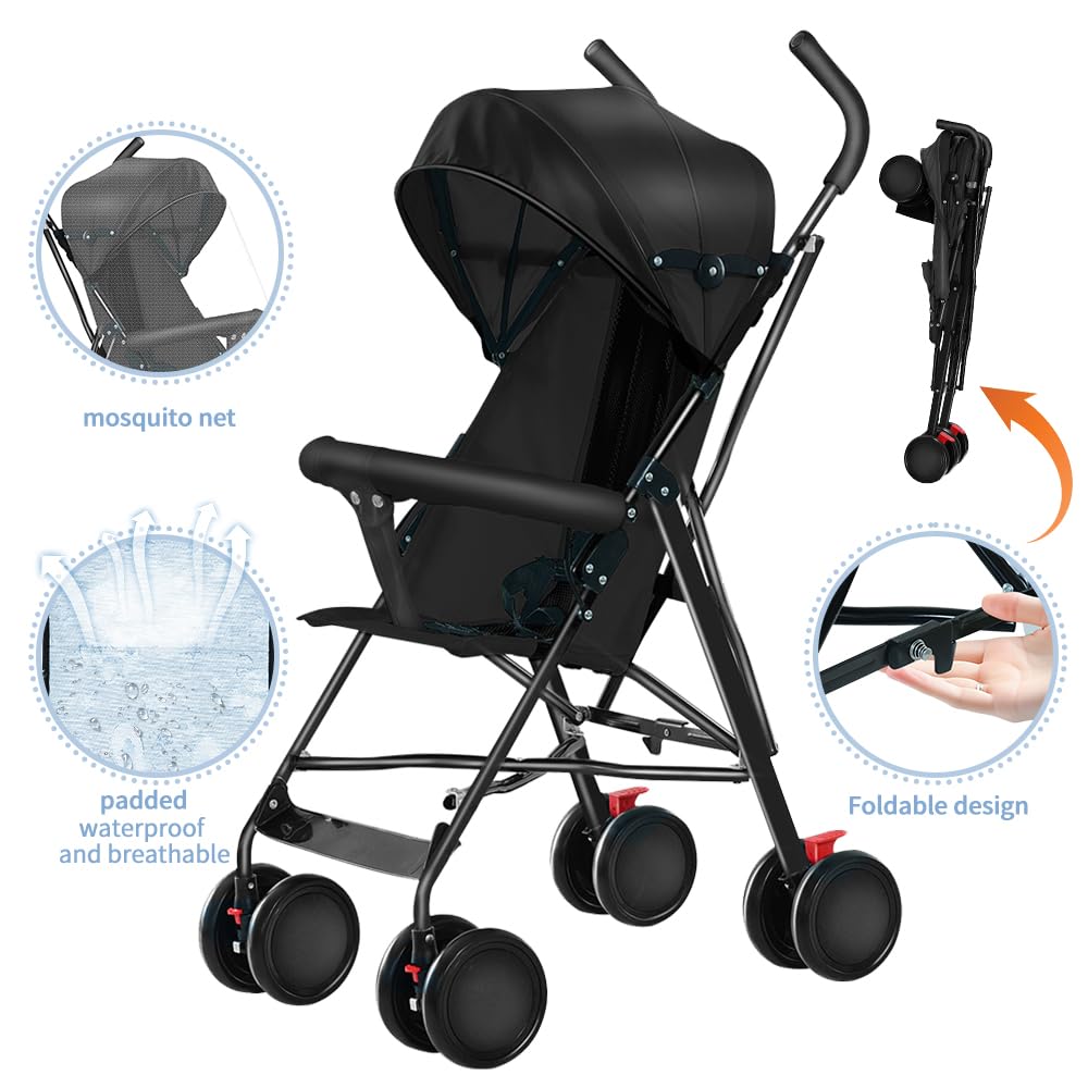 Cochecito de caña compacta Ingenious,Cochecito de caña de bebé de 0 a 4 años, cochecito compacto y ligero viaje, cochecito de 4 ruedas, capota en tres partes, con mosquitera- negro