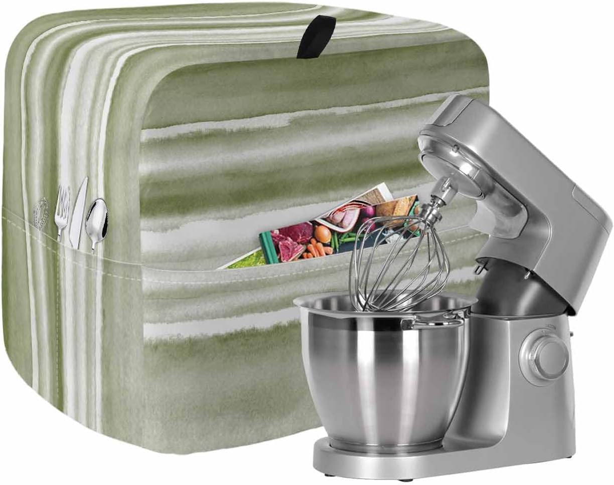 Stand Mixer Cover with Storage Pocket, Sage Green Stripes Waterproof Kitchen Mixer Covers, Watercolor Gradient Abstract Striped Kitchen Appliance Dust Cover Compatible with 6-9 Quart Mixers