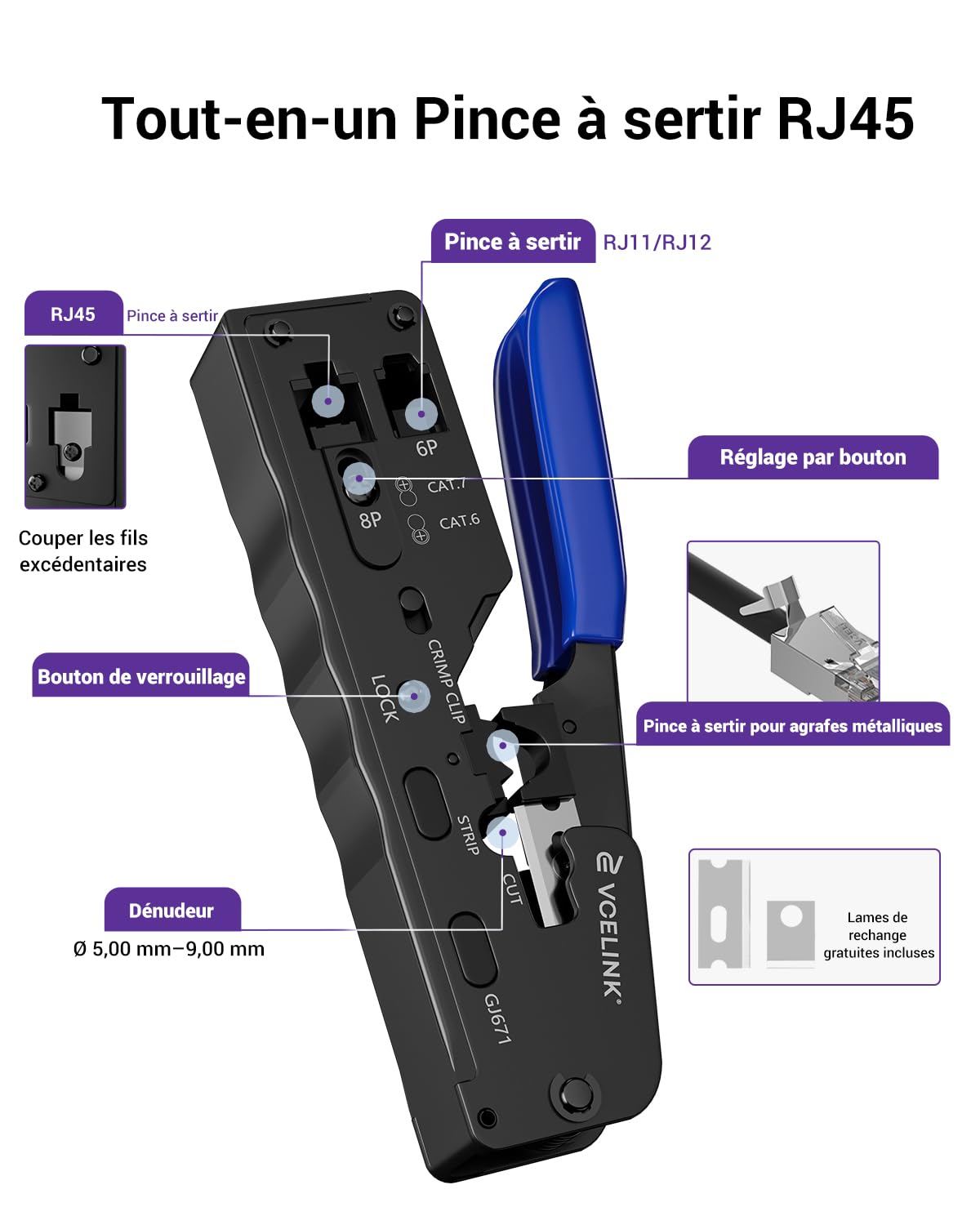 VCELINK GJ671BL Pince à Sertir RJ45 Outil Sertissage RJ45 avec Connecteur RJ45 Cat7 Cat6A Blindé avec Guide du Fil Fiche Réseau Pass Through RJ45 Bleu