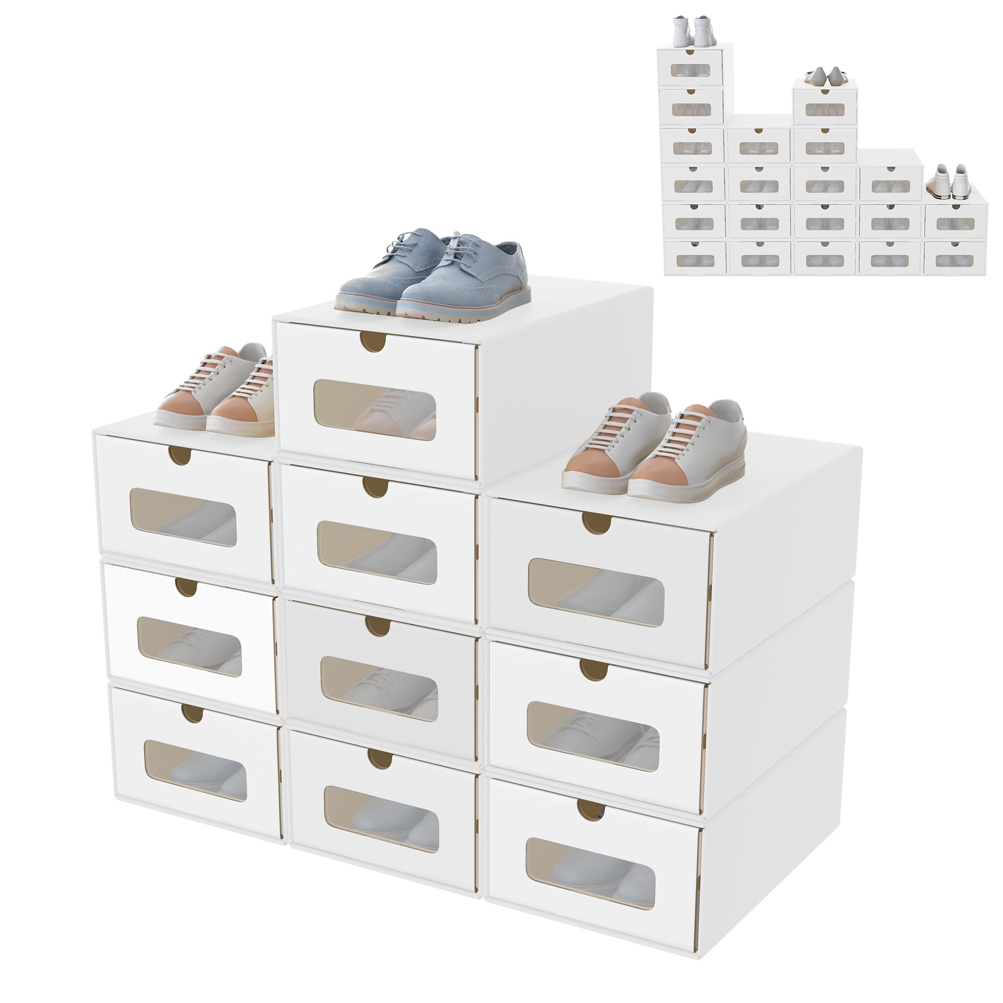 Set di 20 scatole per scarpe con finestra e cassetto, in carta kraft, per scarpe, accessori e accessori, colore bianco
