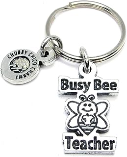 ChubbyChicoCharms Busy Bee Teacher with Happy Bee Pewter Charm On Stainless Steel Keyring Key Ring Key Chain Keychain for Women, Men, Young Adults Gift for Teacher
