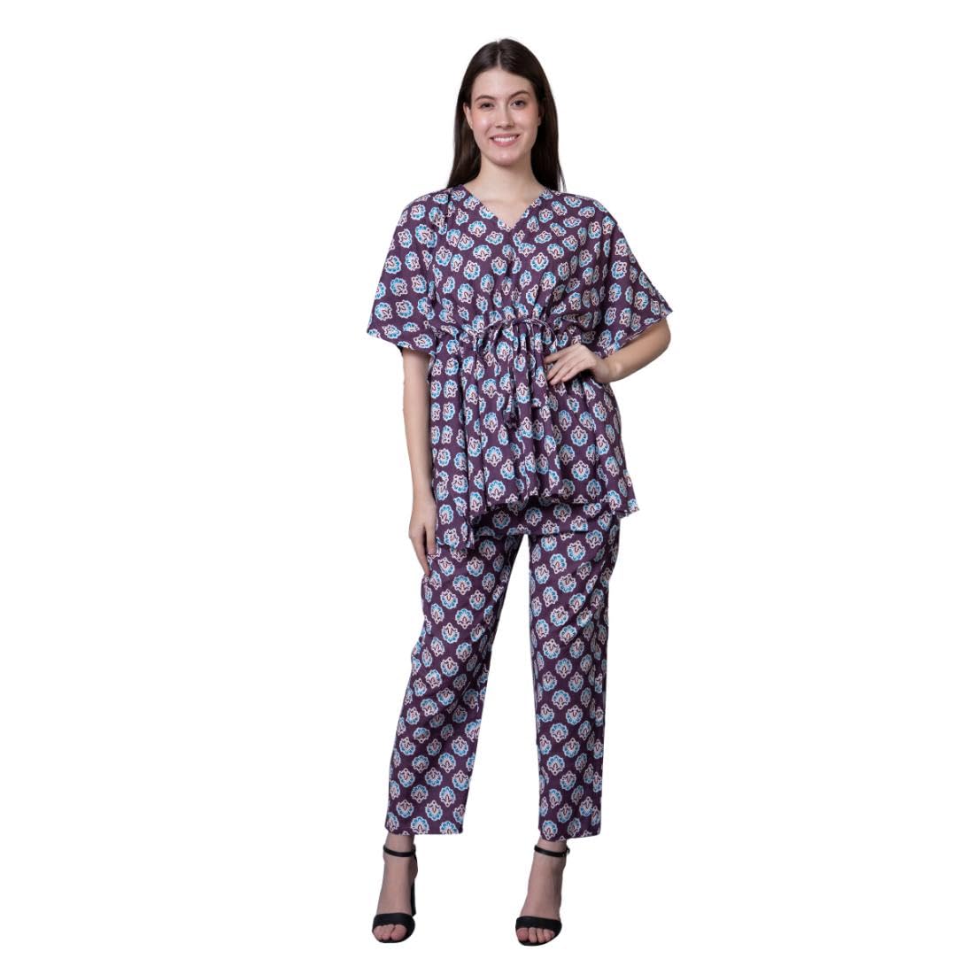 Women 's V-Neck Kaftan Tops with Pant Loose Fit Stylish Casual Dress Western Fashion Trending Dress Size Medium to 2XL Color Violet-image-31